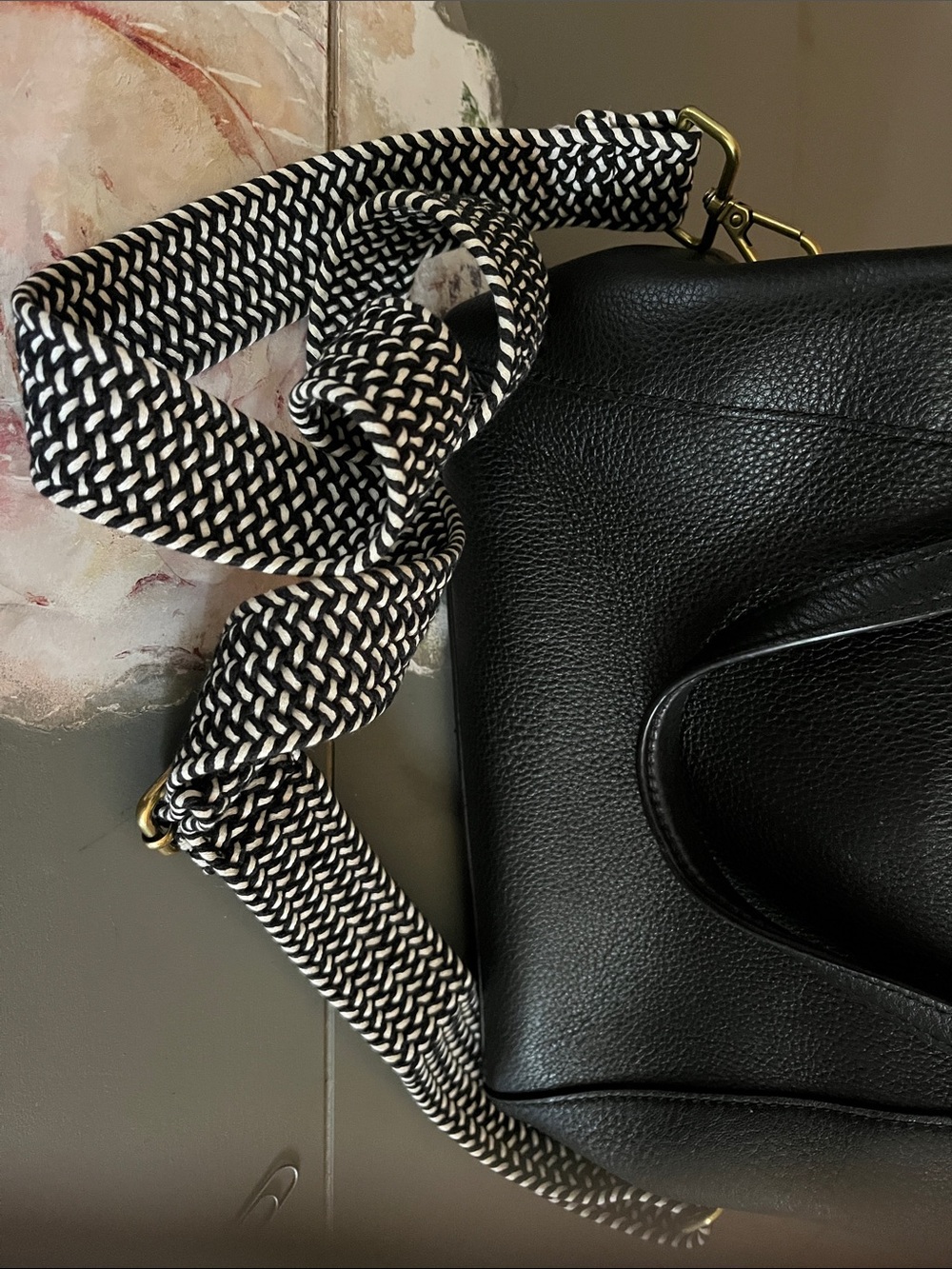 kate spade Black Pebbled Leather Shoulder Bag with Black-and-White Woven Strap - Picture 9 of 16